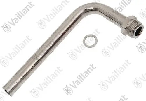 Verchromtes Gasrohr von Vaillant mit einem gebogenen Ende und Außengewinde. Enthält einen O-Ring. Verwendung in Heizsystemen zur Gasleitung.